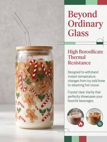 1 pièce Tasse en verre transparent avec couvercle en bambou et paille en verre, 3 motifs floraux de Noël, bonhomme en pain d'épices des fêtes, canne de bonbon, sapin de Noël, imprimé nœud, tasse à boire réutilisable scellée pour café glacé, cadeau de fête de Noël pour la maison en hiver - Multicolore - Voir 2