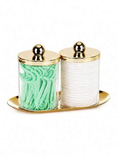 Set Organizer Kamar Mandi Akrilik Mewah dengan Baki Emas, Stoples Apotek Bening dengan Tutup untuk Bola Kapas, Cotton Bud, Bantalan Rias, dan Penyimpanan Perlengkapan Rias.