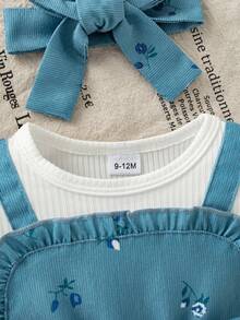 Autumn/Winter Baby Girl Cute Blue Floral Bow Flutter Sleeve Bodysuit & Bodysuit & Floral Headband & Bow Socks Full Moon/100 Days Photo Shoot & Outdoor Outfit Set - Blue - View 8