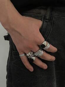 8pcs Vintage Antique Silver Black Stone Stackable Rings Set For Men, Gothic Carved Chain Twist Band Rings, Hip Hop Punk Style Cool Men's Jewelry Gift - White K - View 3
