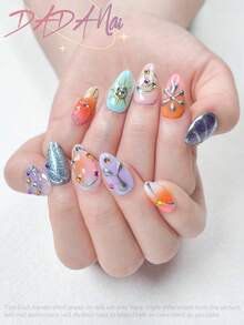 10pcs Short Almond Handmade Press On Nails, Pastel Gradient Y2K Nails Cute Nails, 3D Silver Metal Line Flower Swirl Design With Colorful Rhinestone Decor, Glossy Summer Nails Ideal For 4th Of July, Wedding, Graduation, Prom Daily Wear - Multicolor - View 2