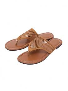 New Women's Popular Summer Fashion Minimalist Breathable Woven Mesh Design Slip-On Round Toe Thong Flat Brown Sandals - Brown - View 9