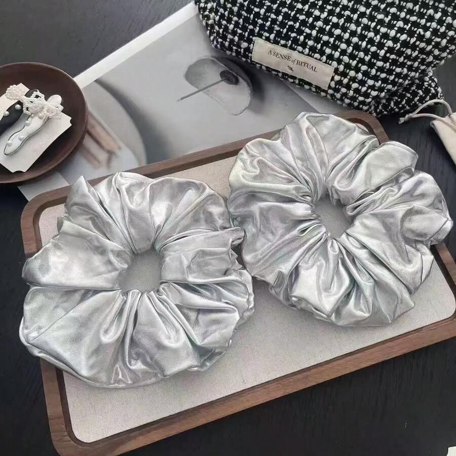 2 cái/1 cái dây buộc tóc scrunchie da bóng màu bạc nhỏ phong cách Y2K Hot Girl sang chảnh cao cấp dùng hàng ngày - Bạc 2 chiếc - Xem 1
