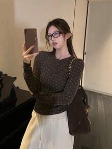 Women's Korean Style Henley Collar Button Ditsy Floral Long Sleeve Knitted Base Layer Top, Autumn Blouse - Coffee Brown - View 2