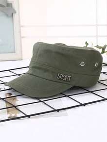 Men's Flat Top Military Cap, SPORT Metal Letter Military Style Hat, Solid Color Breathable Casual Outdoor Sun Hat - Sport Flat Top - View 2