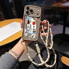 Set 2 Buah Baru: Casing Ponsel Anti Jatuh Bambu Cokelat Berkualitas Tinggi dengan Motif Tiket Maskapai New York Minimalis + Tali Panjang Kepang Buatan Tangan, Pelindung Sederhana Tahan Guncangan Tahan Lama Perlindungan Penuh untuk Seri 7-17 Pro Max - Coklat - View 1