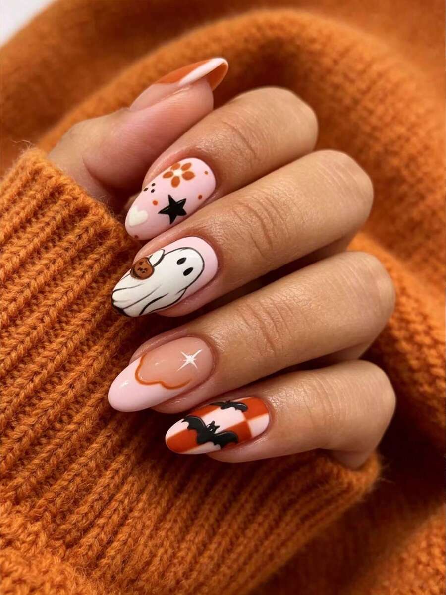 Halloween 24pcs Long Almond Shape Press-On Nails, Floral, Bat, Ghost Design, Acrylic Material Set Includes: 1pc Jelly Glue And 1pc Nail File - Multicolor - View 1