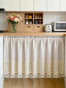 1Pc,Boho Beige Geometric Hollowed Crochet Tassel Short Curtain Retro Imitation Linen Half Curtain For Living Room Kitchen Homestay Decortive - Beige - View 7