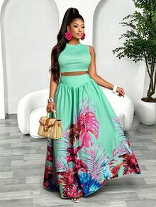 Women's Plus Size Elegant Holiday Casual Solid Color Sleeveless Tank Top And Tropical Coconut Tree Print Long Skirt 2-Piece Set, Vacation, Summer, Tropical Style (Positioned Print) - Green - View 6