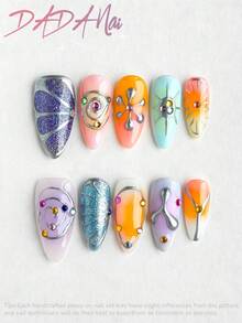 10pcs Short Almond Handmade Press On Nails, Pastel Gradient Y2K Nails Cute Nails, 3D Silver Metal Line Flower Swirl Design With Colorful Rhinestone Decor, Glossy Summer Nails Ideal For 4th Of July, Wedding, Graduation, Prom Daily Wear - Multicolor - View 5