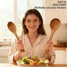 10pcs Wooden Kitchen Utensils Kit,Smooth Finish Teak Wooden Kitchen Utensils Set,Non-Stick, Lightweight Kitchen Supplies Baking Accessories For Cooking - Maroon - View 2