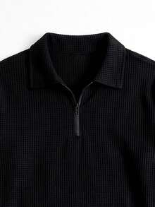 Black Waffle Knit Half-Zip Sweatshirt & Wide Leg Sweatpants 2 Pieces Set, Men's Textured Casual Sportswear - Black - View 4