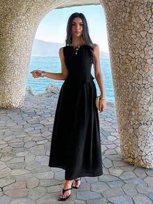 Women's Casual Black Sleeveless 2-Piece Set, Ruffle Top With Flowy Long Skirt, Elegant Non-Stretch Summer Outfit - Black - View 11