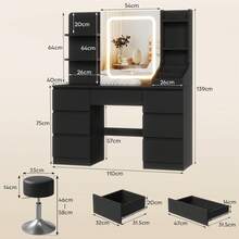 Devoko Modern Dressing Table With LED Mirror, 3 Light Colors And Dimmable Brightness, Vanity Table With 7 Drawers, Open Shelves And Optional Stool, Dressing Cabinet For Bedroom, White/Black/Pink/Vintage - Black and Dark Gray Stool - View 10