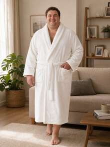 1pc Men's Solid Color Bathrobe, Premium Comfortable Breathable Plush Soft Absorbent Quick Dry, Long Home Wear, Sleepwear Bathrobe Morning Robe Suitable For Home/Spa/Hotel/Leisure, All Season Use, Bathroom Decor - Lapel-up Plain Bathrobe - White - View 4