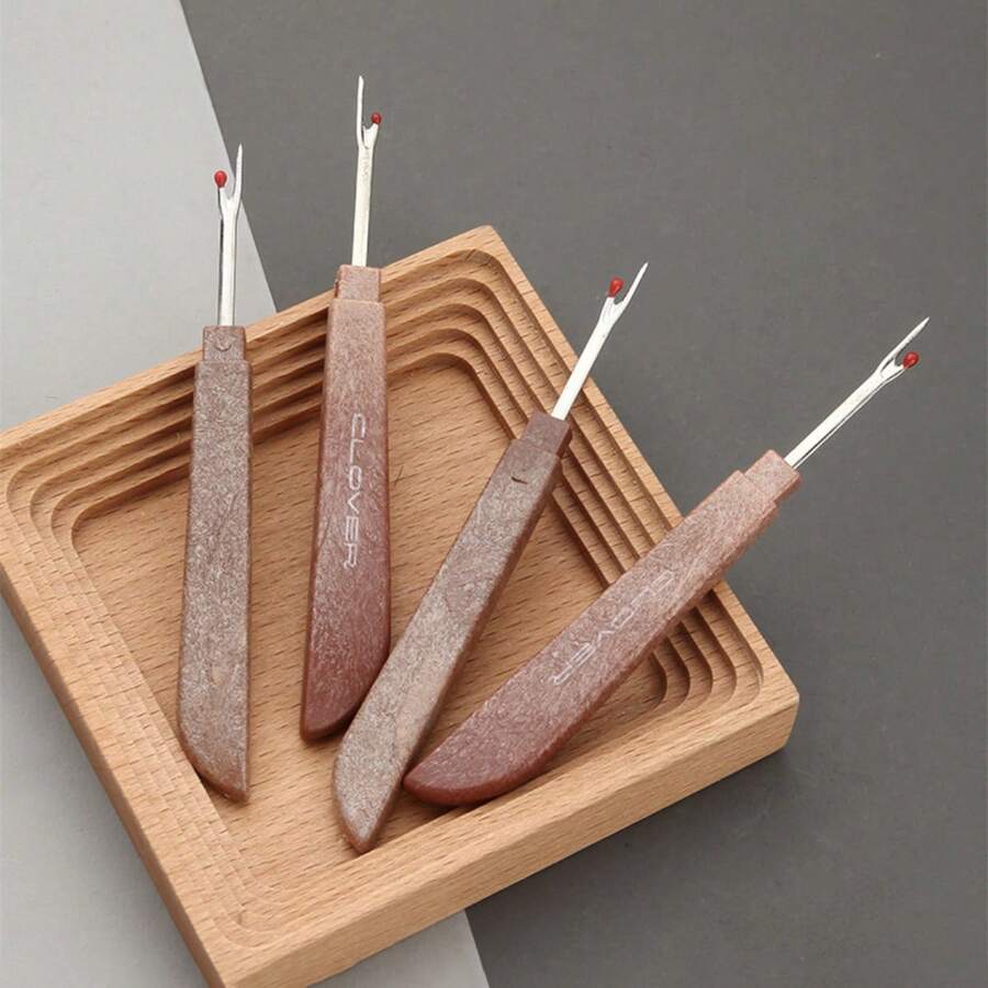 4pcs/8pcs Seam Ripper With Natural Wood Color Plastic Handle, Pink Plastic Handle Seam Ripper, Thread Cutter, Sewing Craft Tools, Random Color