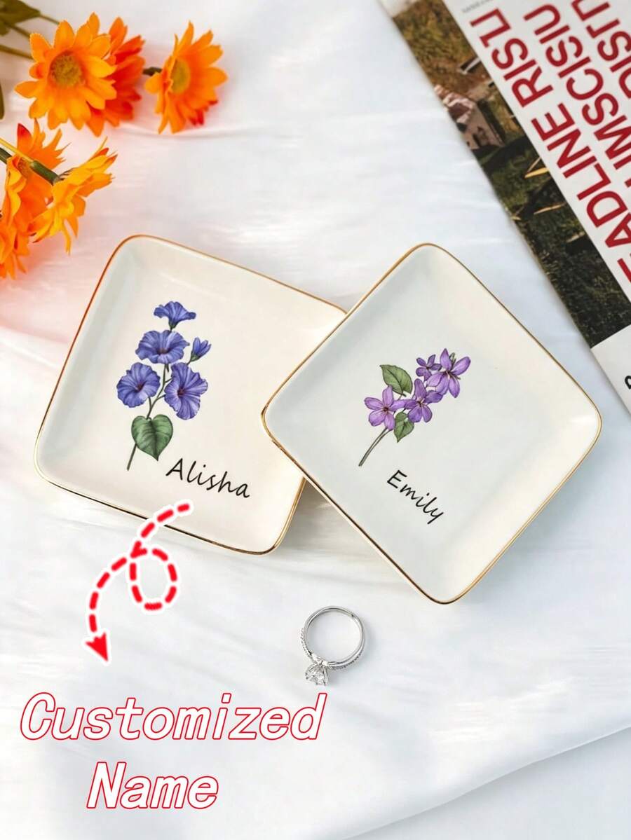Custom Birthday Flower & Name Ceramic Jewelry Dish, Personalized Gold Rim Ring Holder Tray, Customized Gift For Women And Bridesmaids - White - View 1
