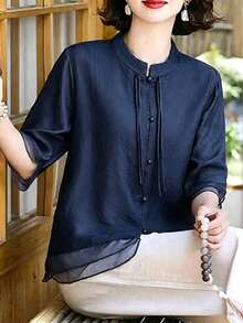 Mature Women New Chinese Style Stand Collar Shirt, Frog Button Tassel Decor Short Sleeve Sheer Mesh Hem Casual Blouse - Navy Blue - View 1