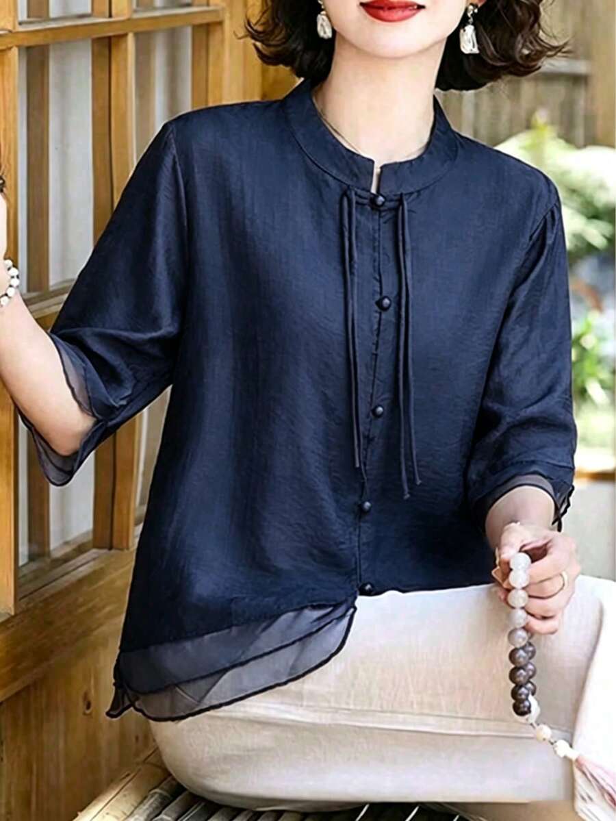 Mature Women New Chinese Style Stand Collar Shirt, Frog Button Tassel Decor Short Sleeve Sheer Mesh Hem Casual Blouse - Navy Blue - View 1