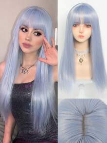 24 Inch Long Straight Blue Cosplay Wig For Women Heat Resistant Synthetic Fiber Wigs With Bangs Cosplay Lolita Anime Halloween Christmas Party Wig Wear - Multicolor - View 13