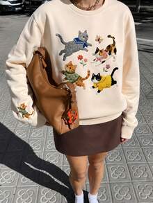 Women's Autumn/Winter New Cute Cat Embroidery & Print Casual Crew Neck Fashion Versatile Sweatshirt - Apricot - View 4