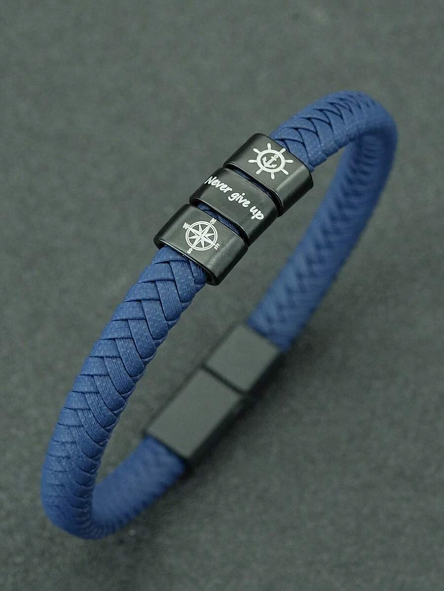 diffone 時尚手工皮革手鍊 黑色磁吸錨/指南針 Never Give Up 男士手環飾品 - 皮革手鍊 - 查看 1