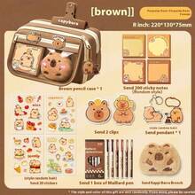 6pcs Large Capacity Canvas Pencil Case, Capybara Pattern, Multi-Functional Stationery Storage Bag, Back To School Essential - Camel - View 15