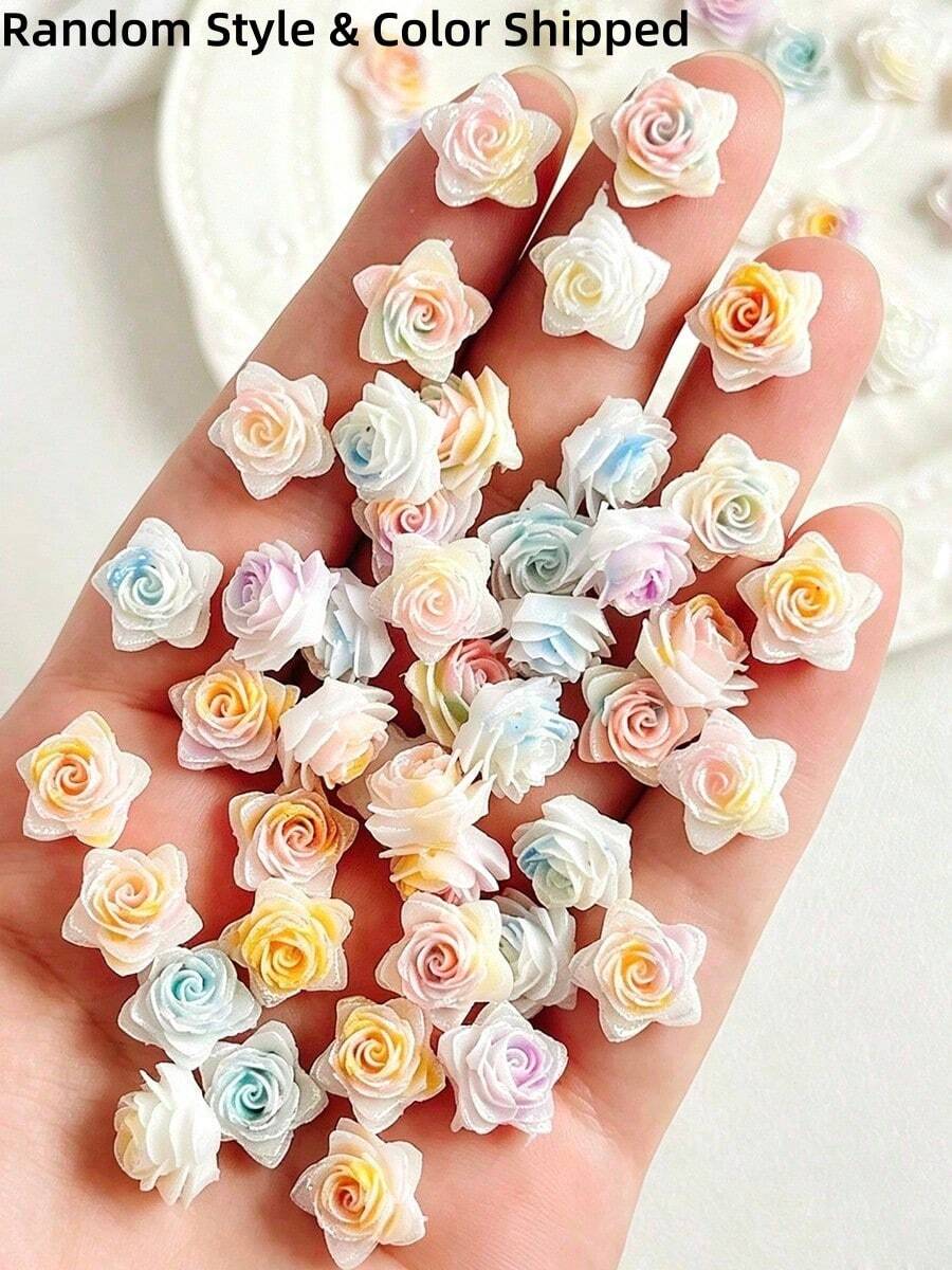 30pcs Random Mixed Color Star-Shaped Rose Soft Flower Nail Art Decorations, 3D Resin Rose Nail Art Charms, Multi-Color Artificial Flowers, Suitable For Nail Art, Phone Cases, DIY Crafts And Party Decorations - Multicolor - View 1