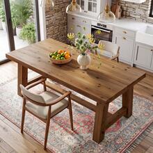 LITTLE TREE 63-Inch Solid Wood Dining Table, Farmhouse Kitchen Table For 4-6 People, Rectangular Wooden Dinner Table With Thick Top & Trestle Base,Natural Wood - Natural Wood - View 2