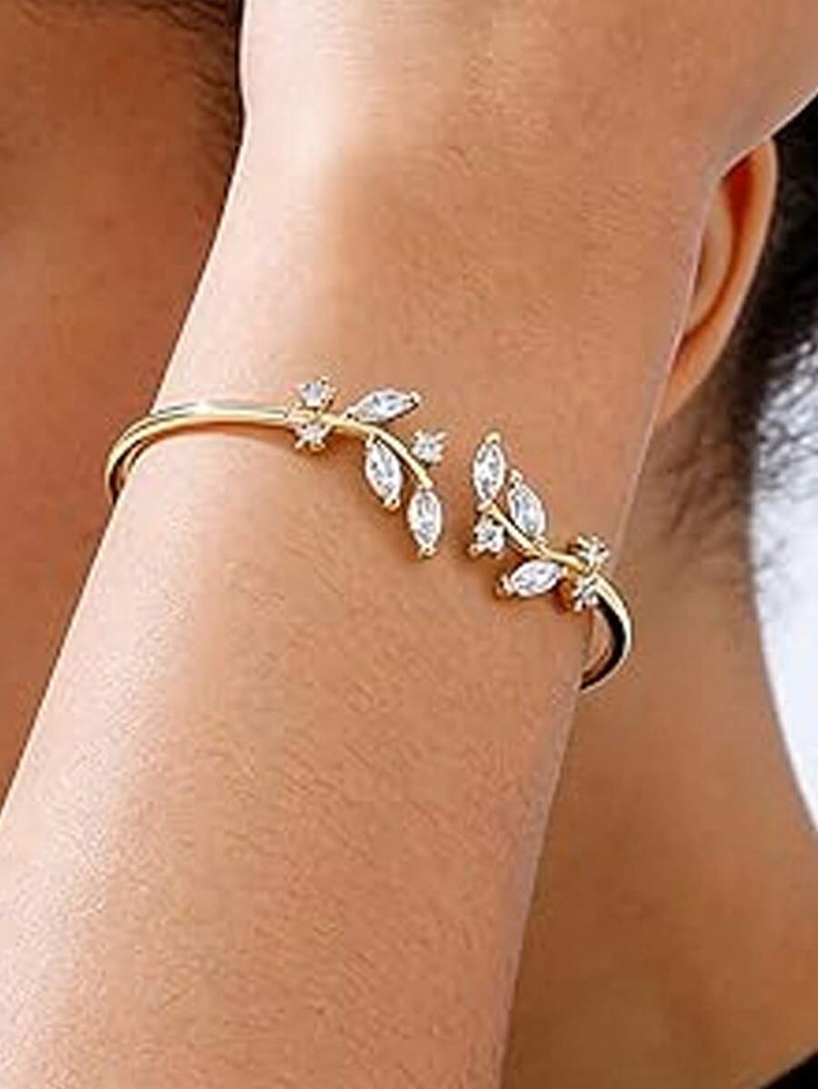 outingfit 1pc Minimalist Luxury Leaf Rhinestone Zirconia Bracelet, Bridal Fashion Elegant Wedding Open Cuff Bracelet - Gold - View 1