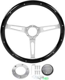 Volante Retro, 380mm/15 Pulgadas Conjunto de Volante Clásico Empuñadura de Nogal con 3 Radios Remachado 6 Orificios Modificación Universal(Negro) - A - Ver 1