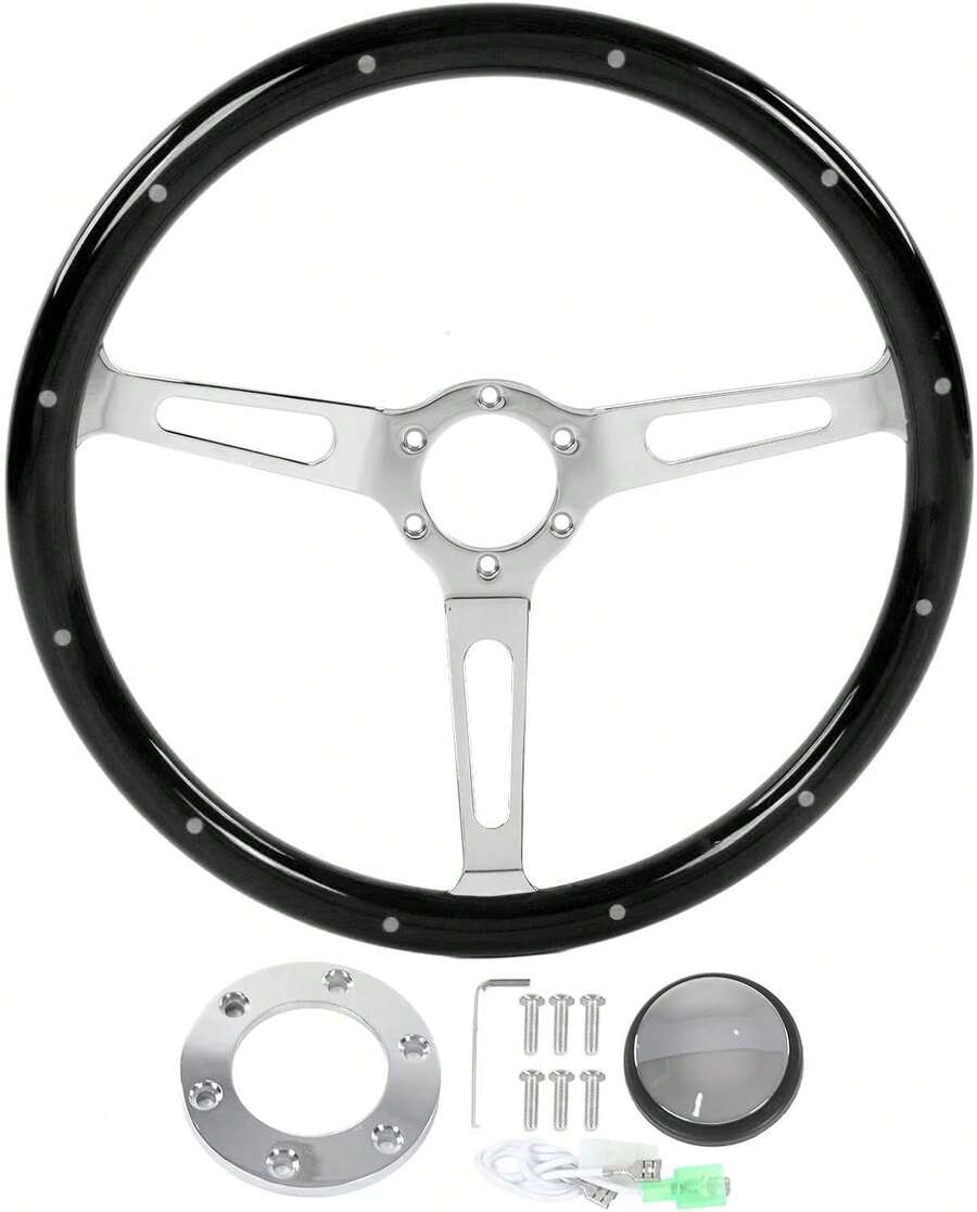 Volante Retro, 380mm/15 Pulgadas Conjunto de Volante Clásico Empuñadura de Nogal con 3 Radios Remachado 6 Orificios Modificación Universal(Negro) - A - Ver 1