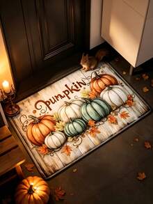 1pc Contrast Color Pumpkin Maple Leaf Wood Grain Rectangular Rug, American Country Style, Halloween, Doormat, Small Rug, Welcome Mat, Outdoor Doormat, Kitchen Rug, Front Door Mat, Garden Rug - Multicolor - View 1