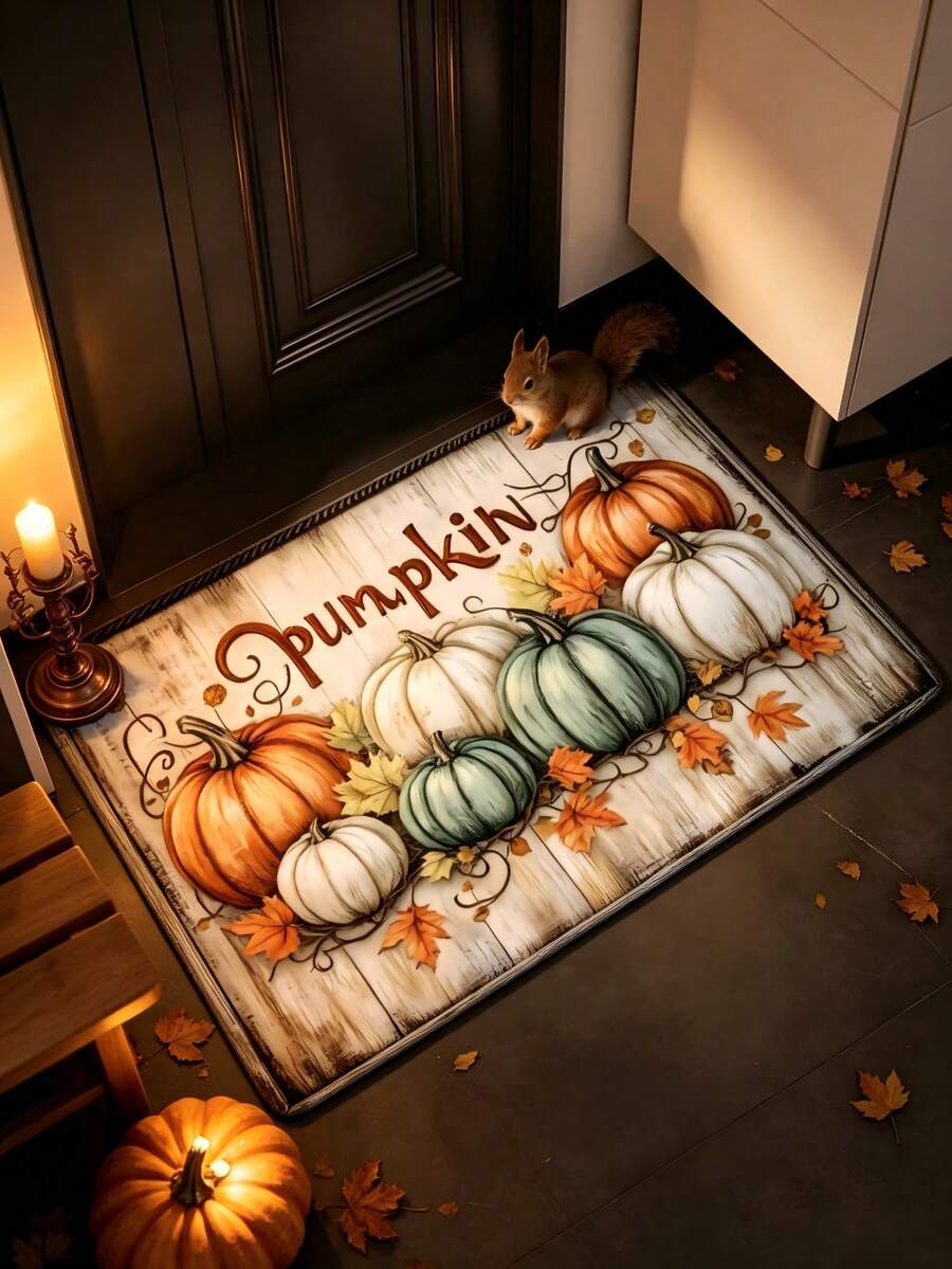 1pc Contrast Color Pumpkin Maple Leaf Wood Grain Rectangular Rug, American Country Style, Halloween, Doormat, Small Rug, Welcome Mat, Outdoor Doormat, Kitchen Rug, Front Door Mat, Garden Rug - Multicolor - View 1