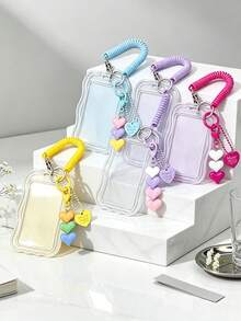 Transparent Wavy Card Holder With Portable Spring Rope Design, Heart Pendant Design, Durable Fashion Accessory, Suitable For Women, Cute And Practical Plastic Keychain, Campus Essential, Fashion Keychain, Cute Heart Pendant, Suitable For ID Cards, Credit Cards, Bus Cards And Keys - Multicolor - View 7