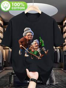 Humorous Vintage Cartoon T-Shirt Funny Grumpy Grandpa Grandma Design Soft Breathable Loose Fit Round Neck Short Sleeve Casual Top Unisex - Black - View 1
