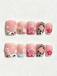 10 Buah Kuku Tempel Pendek Persegi Motif Bunga Hibiscus Hitam Tekstur Susu 3D Pink Putih dengan Hiasan Berlian Imitasi, Lucu, dan Segar Gaya Y2K yang Dilukis Tangan. - MultiWarna - View 1