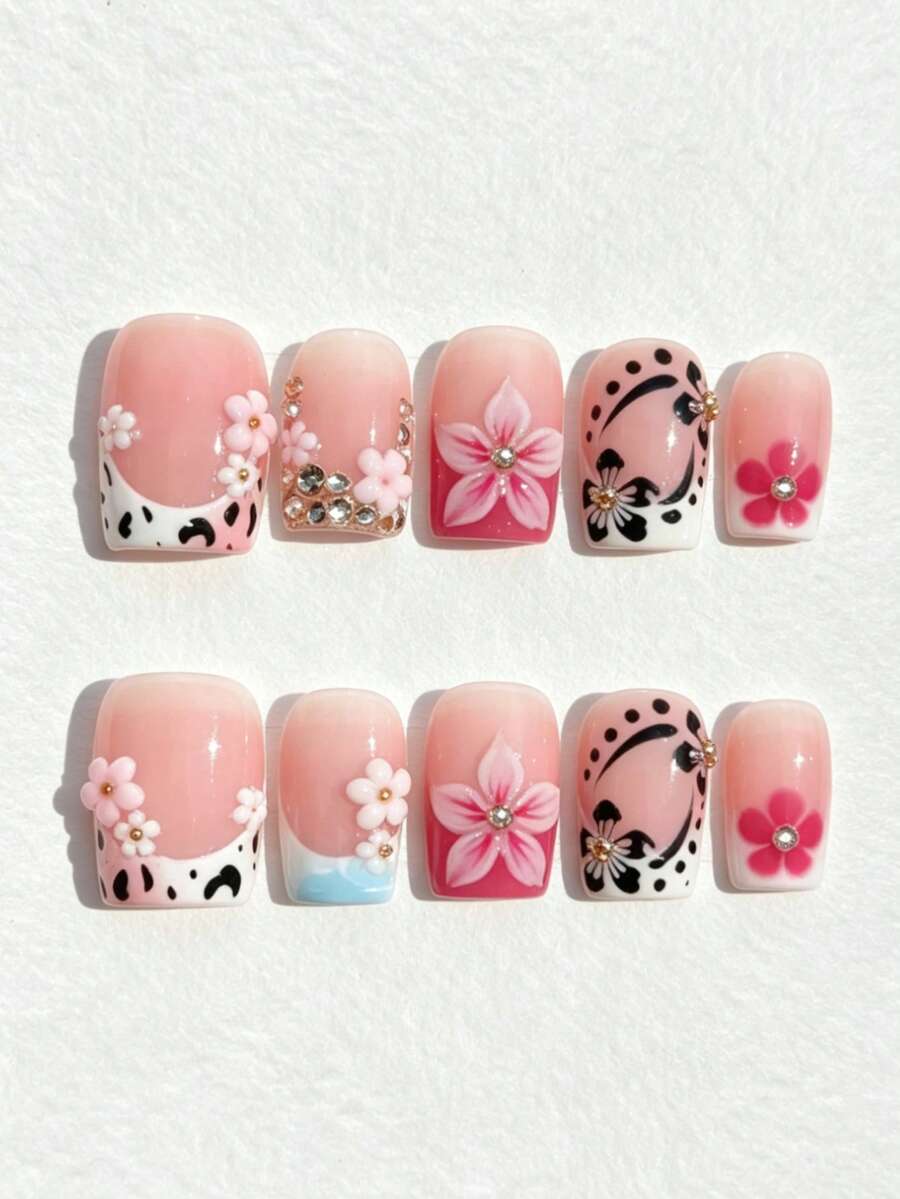 10 Buah Kuku Tempel Pendek Persegi Motif Bunga Hibiscus Hitam Tekstur Susu 3D Pink Putih dengan Hiasan Berlian Imitasi, Lucu, dan Segar Gaya Y2K yang Dilukis Tangan. - MultiWarna - View 1