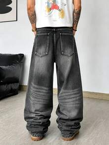 American Hip Hop Charcoal Black Washed Wide Leg Jeans, Distressed Ripped Loose Stacked Drape Floor Length Men's Pants - Black - View 2