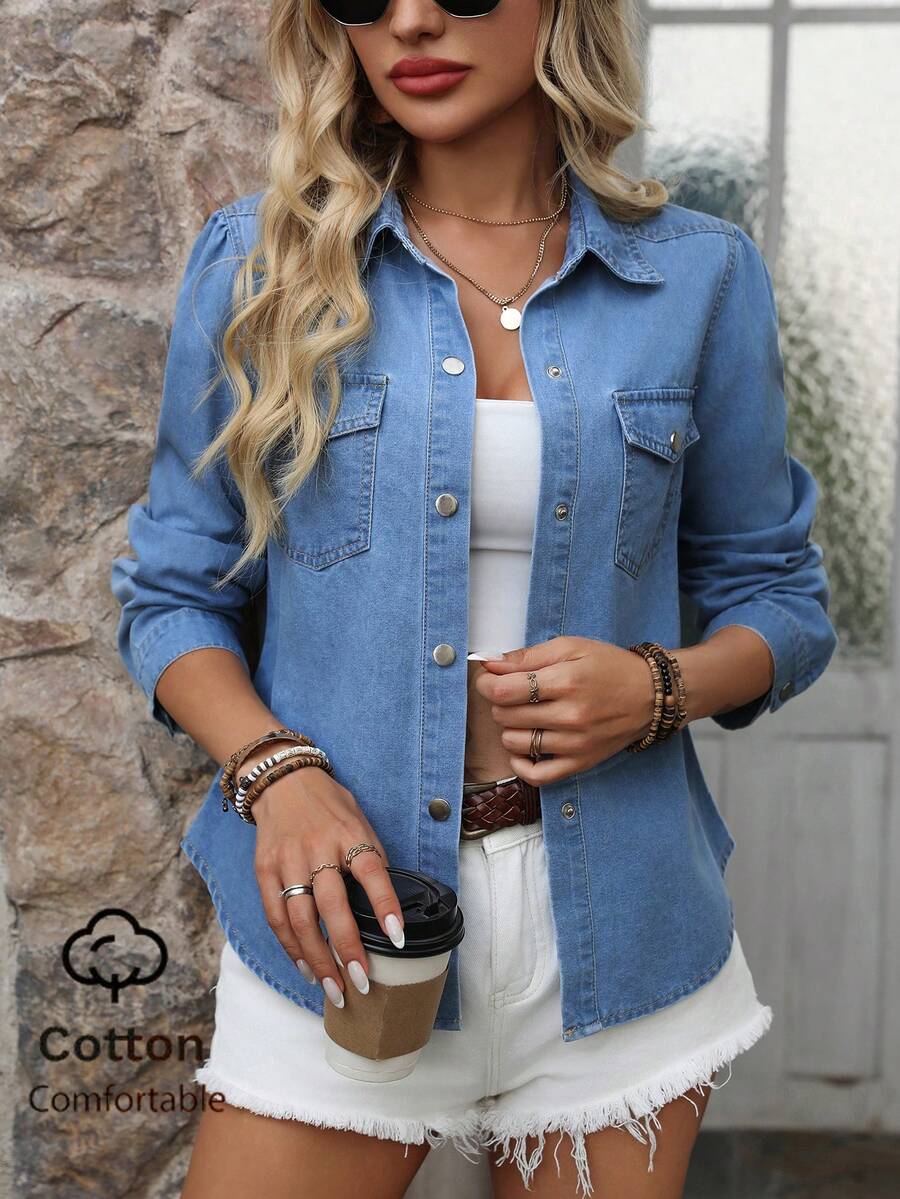 Women's Light Blue Long Sleeve Denim Shirt, Versatile Top Casual - Light Wash - View 1