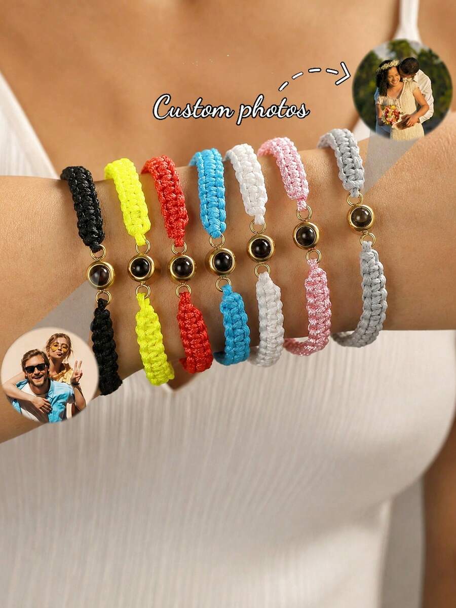 Customized New Projection Bracelet, Stainless Steel Round Photo Bracelet, Customized Colorful Woven Projection Bracelet, Adjustable, Christmas Gift
