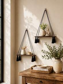 1pc Floating Wall Shelf Bohemian Style Woven Wooden Bedroom Wall Storage Rack Home Decor Room Decoration Storage Shelf Bathroom Storage Rack Bedside Bookshelf Key Holder Wall Decor Shelf Plant Stand Flower Rack Suitable For Living Room Balcony Entryway And Corner - Single Layer - View 4