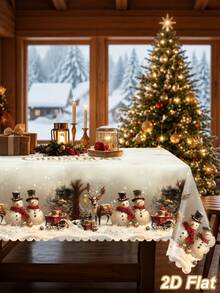 1Pc Christmas Rectangle Tablecloth With Scalloped Edge, Merry Christmas Table Cover With Snowman Reindeer Christmas Tree Pattern, Polyester Vintage Christmas Tablecloth, Merry Christmas Decoration, Xmas Decor, Christmas Table Decor, Holiday Home Decor - Christmas B - View 8