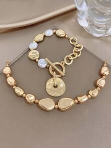 18k Gold Plated Asymmetrical Stone Gold Bracelet, Women's Bracelet, Designer Jewelry, Charming Bracelet, High Quality Luxury Jewelry, Luxury Bracelet, Jewelry Set, Heavy Jewelry, Gold Plated Jewelry, Suitable For Daily, Date, Party, Vacation Season, Back To School Season, Summer Jewelry, Beach Jewelry, Bohemian Jewelry, Women's Beach Accessories, Birthday Gift, Girlfriend Gift, Mother Gift - Multicolor - View 3