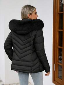 Chaqueta de plumas con capucha casual para mujer, con bolsillos, ligera y cálida, adecuada para uso diario - Negro - Ver 2