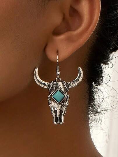 1 Pair European & American Vintage Western Cowboy Style Textured Bull Head Turquoise Drop Earrings For Daily Wear