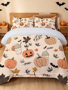 Juego de 3 piezas de funda nórdica de Halloween Blissful, tema de Halloween, juego de ropa de cama cómodo, impresión digital de alta definición, patrón de hoja de arce, postre y calabaza, 1 pieza de funda nórdica con cuatro esquinas y cremallera desmontable + 2 piezas de fundas de almohada con bolsillos, sin relleno, adecuado para dormitorio, residencia estudiantil (ropa de cama para dormitorios de niños y niñas) o viajes - Multicolor - Ver 20