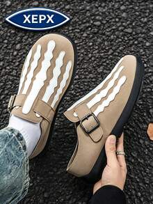 Khaki Men's Loafers Halloween New Color Striped Skull Closed-Toe Slippers Comfortable All-Season New Style Skate Shoes Men's Fashion Shoes Niche Design Slip-On British Style Shoes Business Casual Daily Walking Shoes, Vintage Round Toe Thick Sole Men's Formal Shoes Fashion Durable Casual Men's Shoes Plus Size Slouchy Shoes - Khaki - View 3