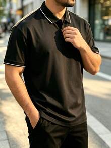 男士時尚極簡成熟商務 Polo 衫，適合日常、商務、高爾夫及其他場合，黑色夏季款 - 黑色 - 查看 3