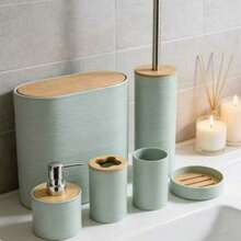Striped Bamboo Bathroom Cover Plastic Six Pieces Set Manufacturer Hot Selling Bathroom Storage Rack Toothbrush Holder Cover - View 7